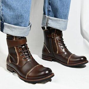 Mens Boots Motorcycle Casual Boots Lace-up Ankle Dress Boots-Brown